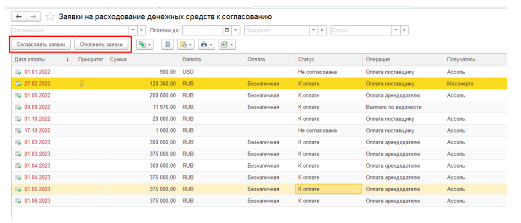 Реестр заявок на расход в 1С ERP